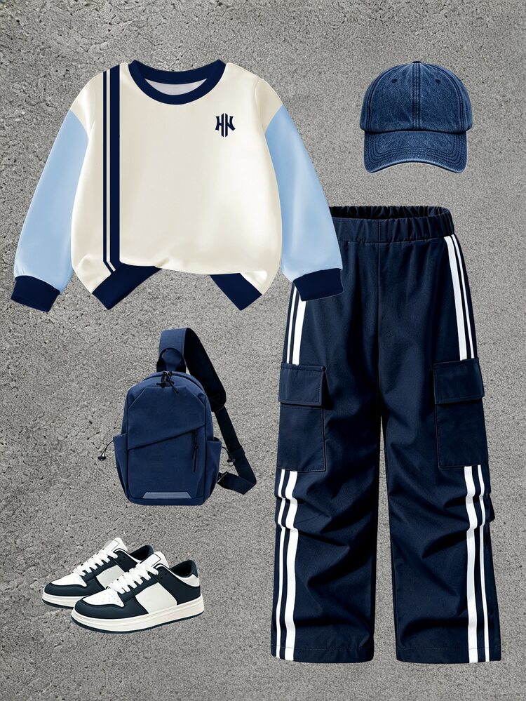 Boys Blue White Color Block Striped Sweaters Set Fall Loose Drop Shoulder Cargo Pocket Long Sleeve Sporty Casual Tops Outfits - Multicolor - View 6