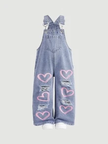 Overall Denim Biru Motif Hati Merah Muda untuk Anak Perempuan, Model Cowgirl Musim Dingin - Biru - View 2