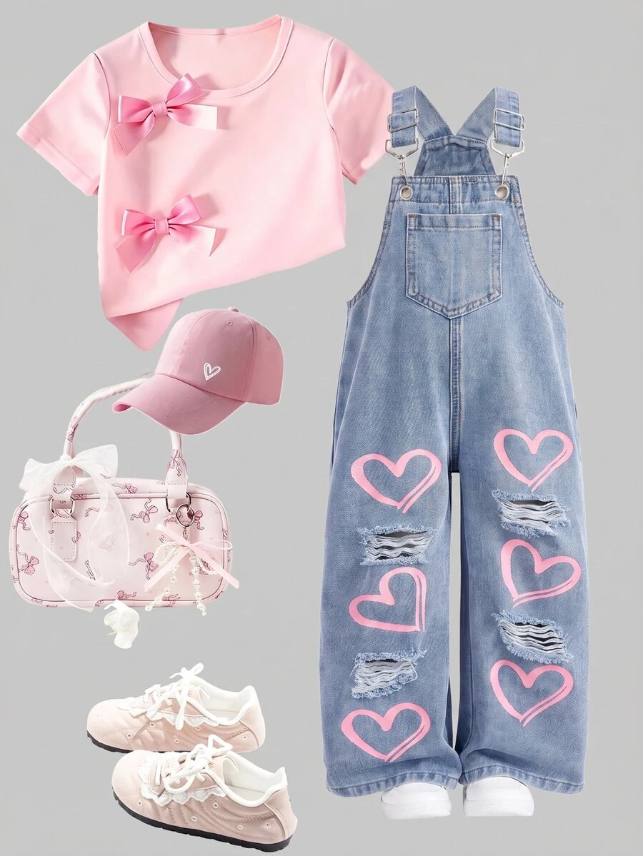 Overall Denim Biru Motif Hati Merah Muda untuk Anak Perempuan, Model Cowgirl Musim Dingin - Biru - View 1