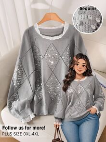 CosyJoli 大尺碼女款時尚亮片蕾絲拼接灰色菱格紋套頭毛衣，休閒優雅百搭日常秋季上衣，聖誕晚宴正式派對穿搭 - 灰色 - 查看 1