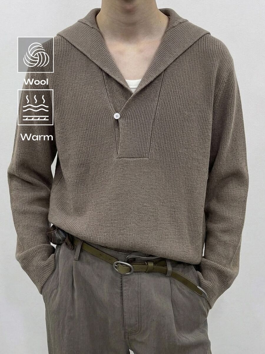 Manfinity Homme 男士秋冬休閒純色毛線針織衫,升級羊毛面料 - 杏色 - 查看 1