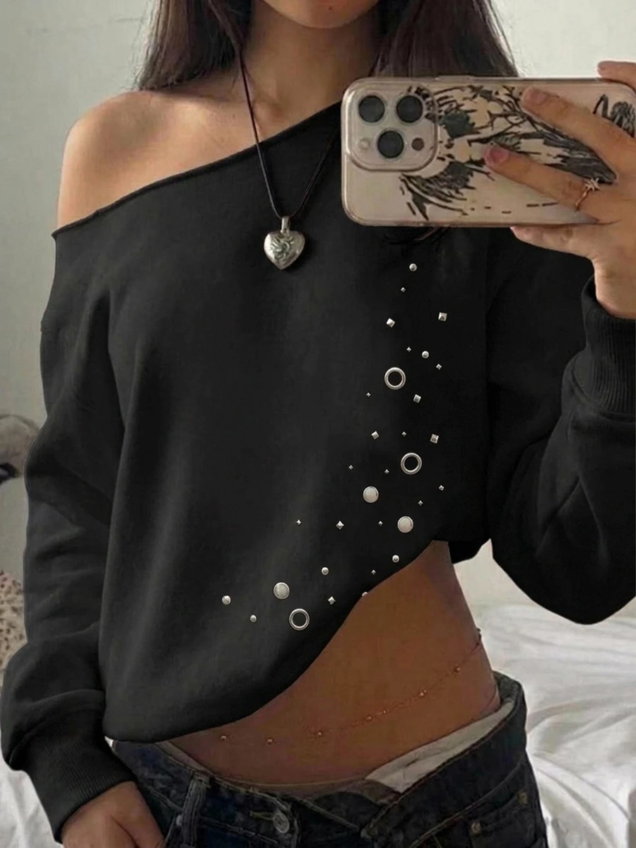 SHEIN EZwear 休閒街頭風寬鬆露肩印花厚款衛衣,箔印、鏤空飾飾,街頭時尚,夜店穿搭,黑色,秋季 - 黑色 - 查看 1