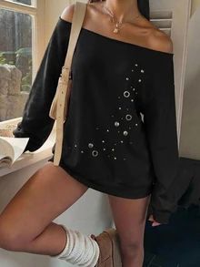 SHEIN EZwear 休閒街頭風寬鬆露肩印花厚款衛衣，箔印、鏤空飾飾，街頭時尚，夜店穿搭，黑色，秋季 - 黑色 - 查看 2