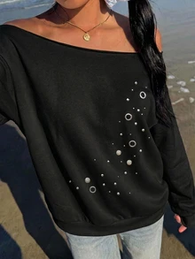 SHEIN EZwear 休閒街頭風寬鬆露肩印花厚款衛衣，箔印、鏤空飾飾，街頭時尚，夜店穿搭，黑色，秋季 - 黑色 - 查看 5