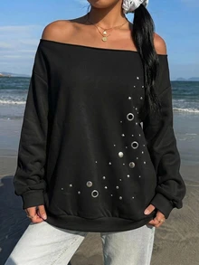 SHEIN EZwear 休閒街頭風寬鬆露肩印花厚款衛衣，箔印、鏤空飾飾，街頭時尚，夜店穿搭，黑色，秋季 - 黑色 - 查看 3