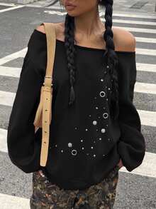SHEIN EZwear 休閒街頭風寬鬆露肩印花厚款衛衣，箔印、鏤空飾飾，街頭時尚，夜店穿搭，黑色，秋季 - 黑色 - 查看 7