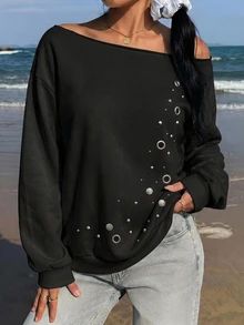 SHEIN EZwear 休閒街頭風寬鬆露肩印花厚款衛衣，箔印、鏤空飾飾，街頭時尚，夜店穿搭，黑色，秋季 - 黑色 - 查看 6
