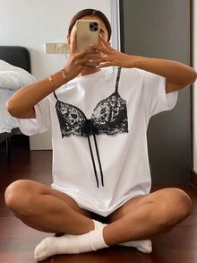 Livesso 女式圆领 T 恤，印花设计，正面系带，日常休闲时尚图案 T 恤 - 白色 - 查看 6