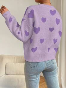 EMERY ROSE Women Casual Heart Pattern Dropped Shoulder Loose Knit Sweater, Suitable For Autumn/Winter, Long Sleeve Top Knit Pullover Fall - Purple - View 3