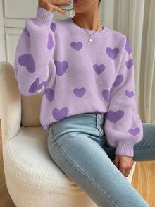 EMERY ROSE Women Casual Heart Pattern Dropped Shoulder Loose Knit Sweater, Suitable For Autumn/Winter, Long Sleeve Top Knit Pullover Fall - Purple - View 8