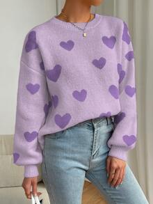 EMERY ROSE Women Casual Heart Pattern Dropped Shoulder Loose Knit Sweater, Suitable For Autumn/Winter, Long Sleeve Top Knit Pullover Fall - Purple - View 5