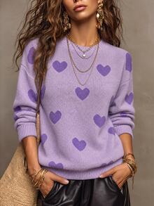 EMERY ROSE Women Casual Heart Pattern Dropped Shoulder Loose Knit Sweater, Suitable For Autumn/Winter, Long Sleeve Top Knit Pullover Fall - Purple - View 2