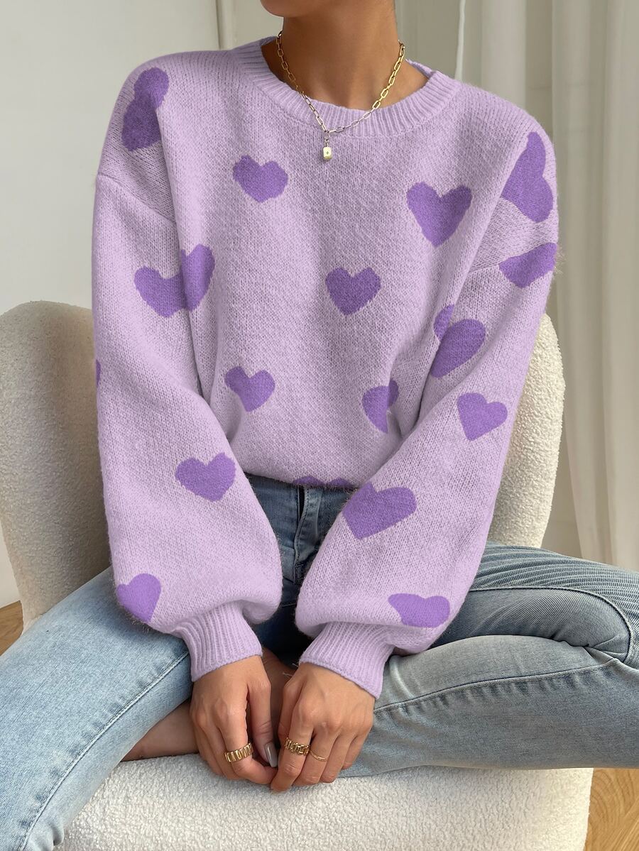 EMERY ROSE Women Casual Heart Pattern Dropped Shoulder Loose Knit Sweater, Suitable For Autumn/Winter, Long Sleeve Top Knit Pullover Fall - Purple - View 1