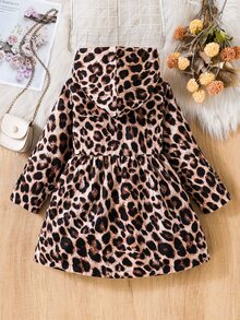 SHEIN 女童豹紋夾克，厚抓絨內裡連帽冬季外套，可愛雙排扣喇叭下擺娃娃裙式派克大衣，適合上學與度假穿著 - 咖啡棕 - 查看 2