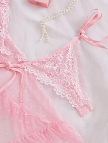 Crystal Vow Set 2 Potong Gaun dan Celana Dalam Thong Jala Renda Seksi Wanita - Coral Pink - View 6