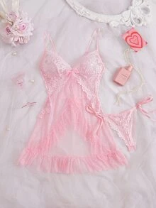 Crystal Vow Set 2 Potong Gaun dan Celana Dalam Thong Jala Renda Seksi Wanita - Coral Pink - View 3
