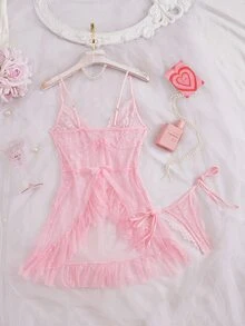 Crystal Vow Set 2 Potong Gaun dan Celana Dalam Thong Jala Renda Seksi Wanita - Coral Pink - View 4
