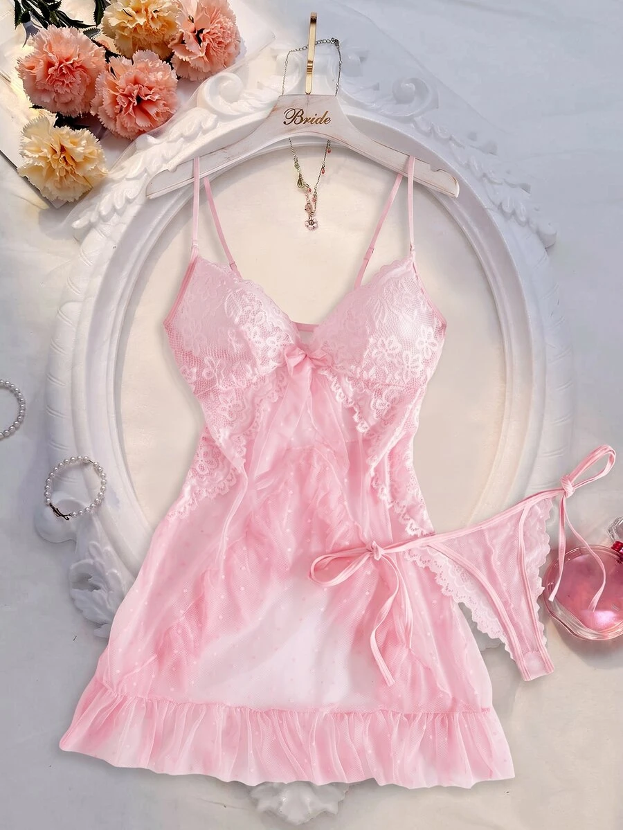 Crystal Vow Set 2 Potong Gaun dan Celana Dalam Thong Jala Renda Seksi Wanita - Coral Pink - View 1