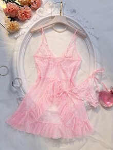 Crystal Vow Set 2 Potong Gaun dan Celana Dalam Thong Jala Renda Seksi Wanita - Coral Pink - View 2