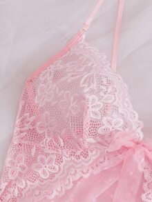 Crystal Vow Set 2 Potong Gaun dan Celana Dalam Thong Jala Renda Seksi Wanita - Coral Pink - View 5