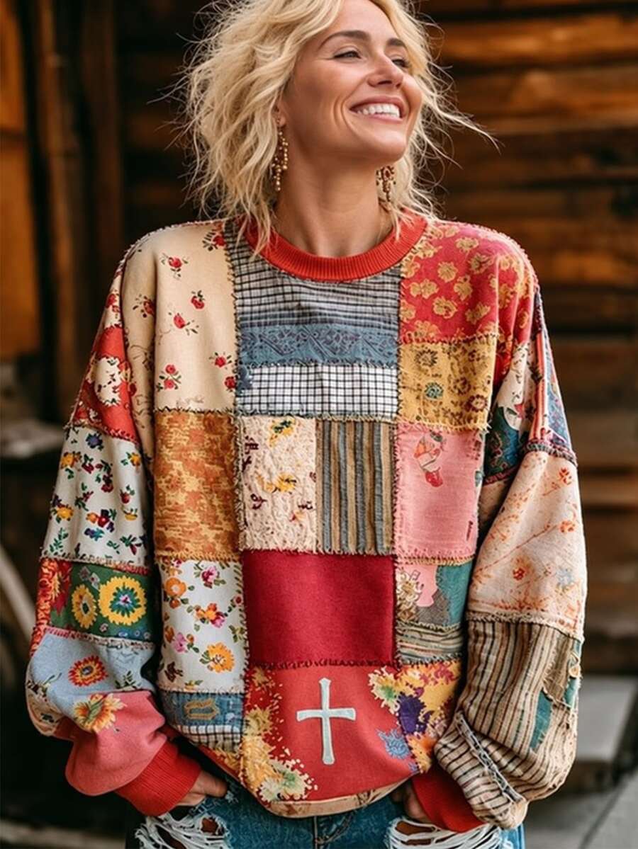 Selamara Women's Floral Print Casual Boho Versatile Daily Wear Long Sleeve Sweatshirt Everyday Office Red Autumn - Multicolor - View 1