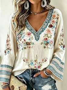 Selamara Autumn/Winter Plus Size Women's Fashion Floral Print V-Neck Flare Sleeve Top - Multicolor - View 4