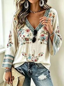 Selamara Autumn/Winter Plus Size Women's Fashion Floral Print V-Neck Flare Sleeve Top - Multicolor - View 6
