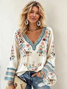 Selamara Autumn/Winter Plus Size Women's Fashion Floral Print V-Neck Flare Sleeve Top - Multicolor - View 1