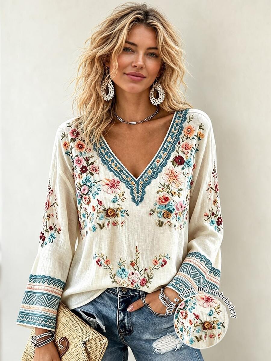Selamara Autumn/Winter Plus Size Women's Fashion Floral Print V-Neck Flare Sleeve Top - Multicolor - View 1