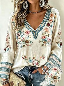 Selamara Autumn/Winter Plus Size Women's Fashion Floral Print V-Neck Flare Sleeve Top - Multicolor - View 3