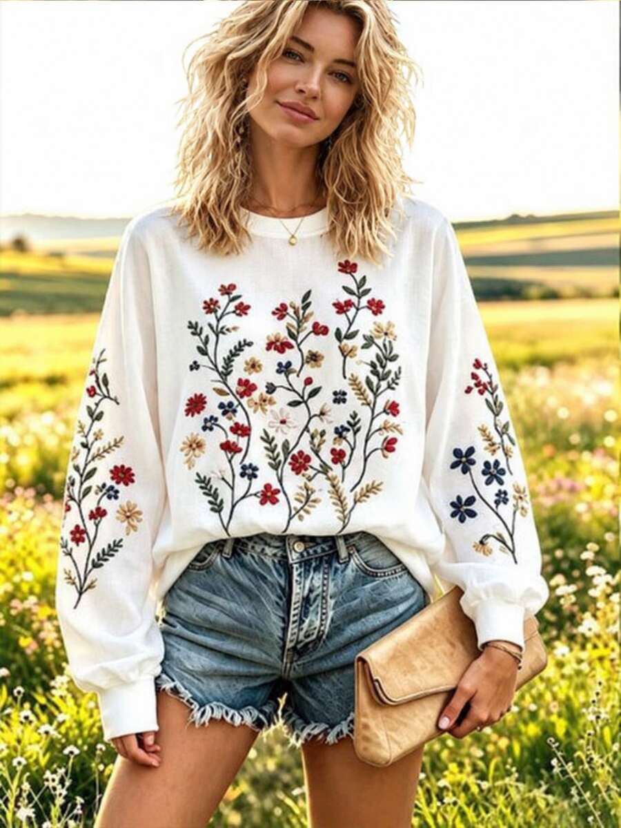 Selamara 女款新款花卉刺繡印花長袖休閒圓領T恤 - 彩色 - 查看 1