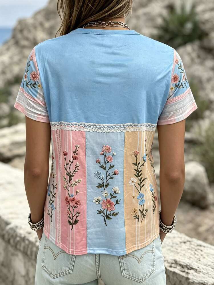 Bytebia Bytebia Summer Women Color Block Floral Lace Print Tee, Elegant Round Neck Casual Short Sleeve Blouse - White - View 2