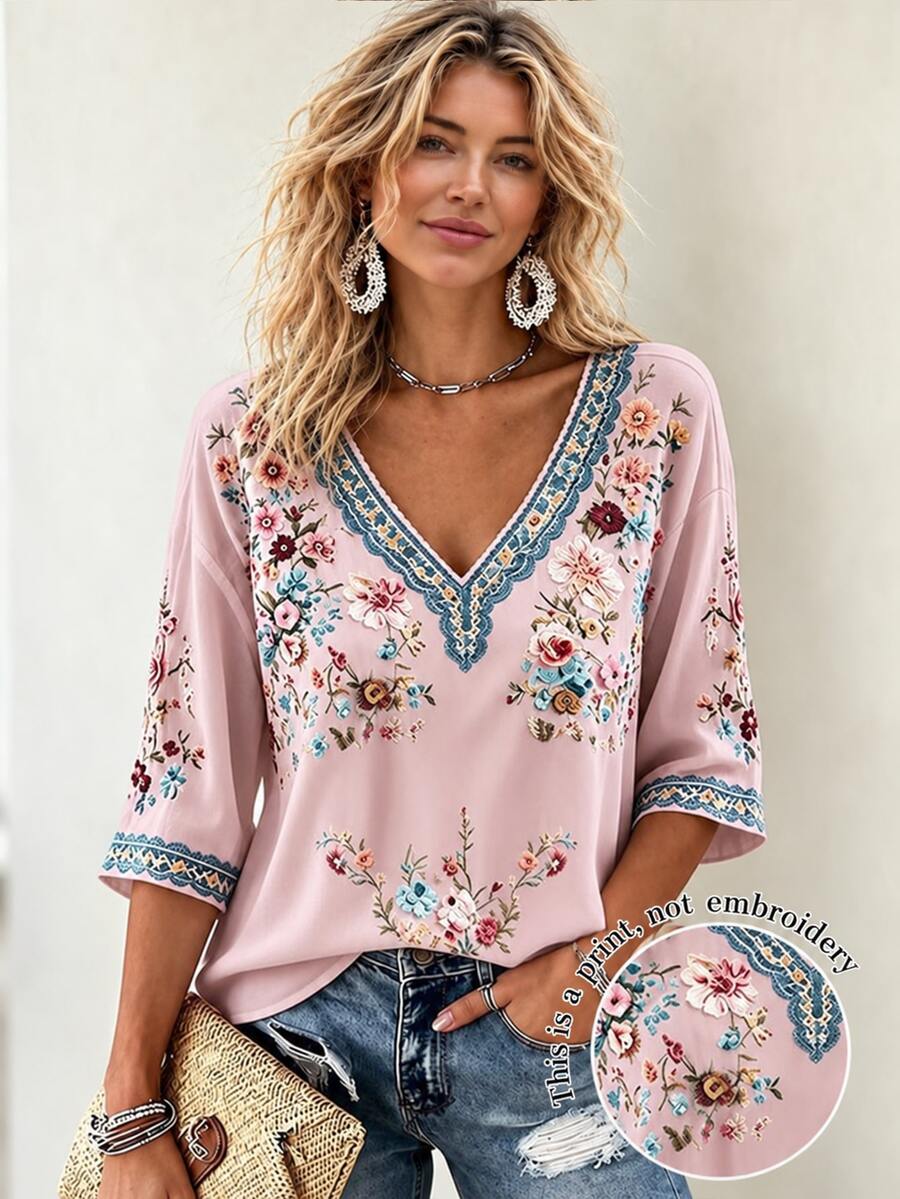 Selamara Women's Plus Size Vacation Casual Floral Print V-Neck Top - Pink - View 1