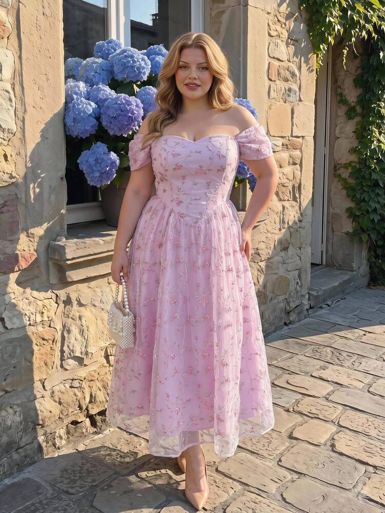 SHEIN MOD Plus Size Women's Elegant Cold Shoulder Embroidered Cinched Waist Midi Dress, Green, Ball, Wedding Guest, Formal - Pink - View 7