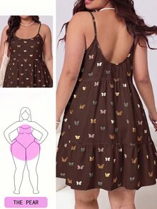 SHEIN EZwear Plus Size Women's All-Over Print Pleated Casual Fairycore Boho Gothic Everyday Summer Spaghetti Strap Dress Beach Vacation Brown - Brown - View 1
