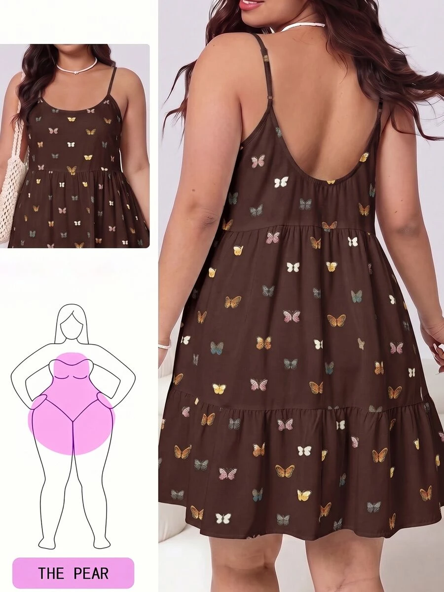 SHEIN EZwear Plus Size Women's All-Over Print Pleated Casual Fairycore Boho Gothic Everyday Summer Spaghetti Strap Dress Beach Vacation Brown - Brown - View 1