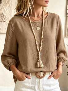 SHEIN Women's Minimalist Solid Color Versatile Long Sleeve Shirt For Office And Commute - Brown - View 6
