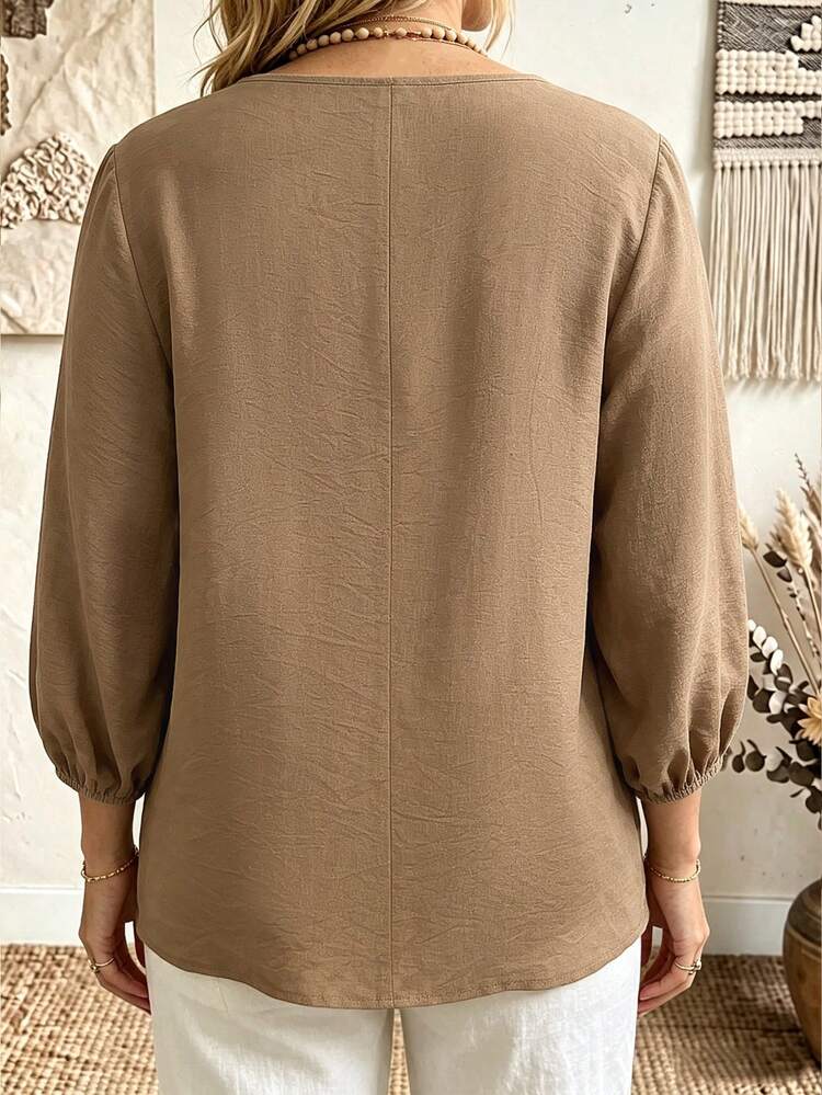 SHEIN Women's Minimalist Solid Color Versatile Long Sleeve Shirt For Office And Commute - Brown - View 2