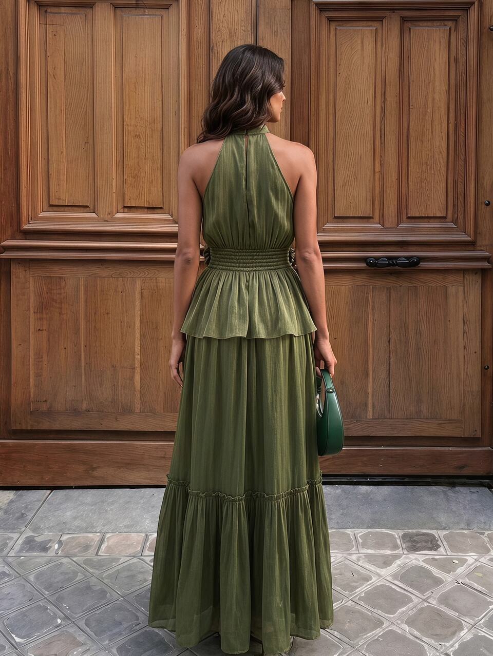 Anewsta Elegant Green Halter Sleeveless A Line Long Dress With Ruffle Hem And 3D Rose Knot Detail For Women
