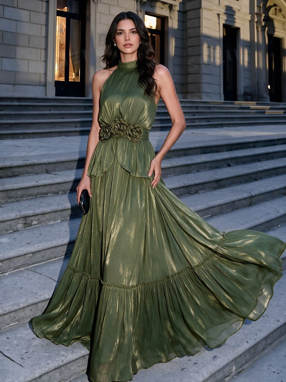 Anewsta Elegant Green Halter Sleeveless A Line Long Dress With Ruffle Hem And 3D Rose Knot Detail For Women