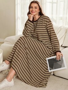 Rosumi Women's Plus Size Coffee Brown Knit Jacquard Striped Loose Fit Autumn/Winter Long Dress Fall - Multicolor - View 7