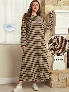 Rosumi Women's Plus Size Coffee Brown Knit Jacquard Striped Loose Fit Autumn/Winter Long Dress Fall - Multicolor - View 6