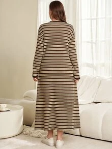 Rosumi Women's Plus Size Coffee Brown Knit Jacquard Striped Loose Fit Autumn/Winter Long Dress Fall - Multicolor - View 3
