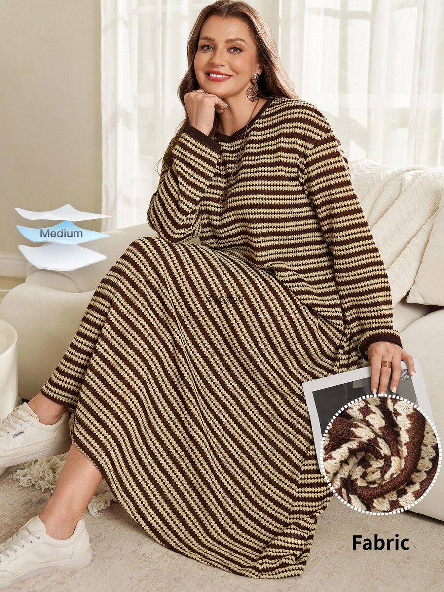 Rosumi Women's Plus Size Coffee Brown Knit Jacquard Striped Loose Fit Autumn/Winter Long Dress Fall - Multicolor - View 1