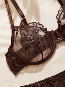Charlaine 2pcs Underwire Front Closure Push-Up Lift Embroidery Mesh Patchwork Sheer Backless Vintage Romantic Women's Lingerie Set - Coffee Brown - View 5