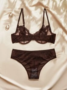 Charlaine 2pcs Underwire Front Closure Push-Up Lift Embroidery Mesh Patchwork Sheer Backless Vintage Romantic Women's Lingerie Set - Coffee Brown - View 2