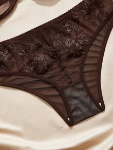 Charlaine 2pcs Underwire Front Closure Push-Up Lift Embroidery Mesh Patchwork Sheer Backless Vintage Romantic Women's Lingerie Set - Coffee Brown - View 4