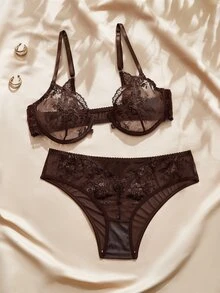 Charlaine 2pcs Underwire Front Closure Push-Up Lift Embroidery Mesh Patchwork Sheer Backless Vintage Romantic Women's Lingerie Set - Coffee Brown - View 3