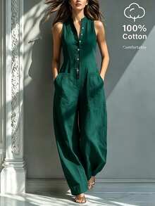 Hotletica Women's Solid Color Button Half-Placket Casual Sleeveless Premium Fashion Commuter Jumpsuit - Green - View 3