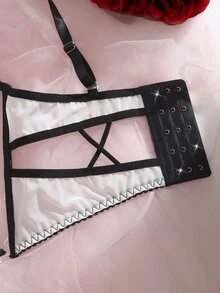 SHEIN 两件套女士浪漫内衣套装，薄纱刺绣网纱系带性感装 - 黑與白 - 查看 6